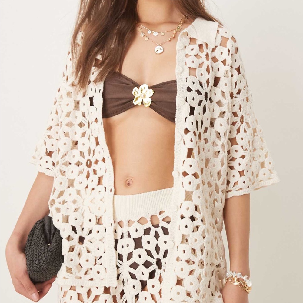 ASOS DESIGN knit crochet shirt in cream